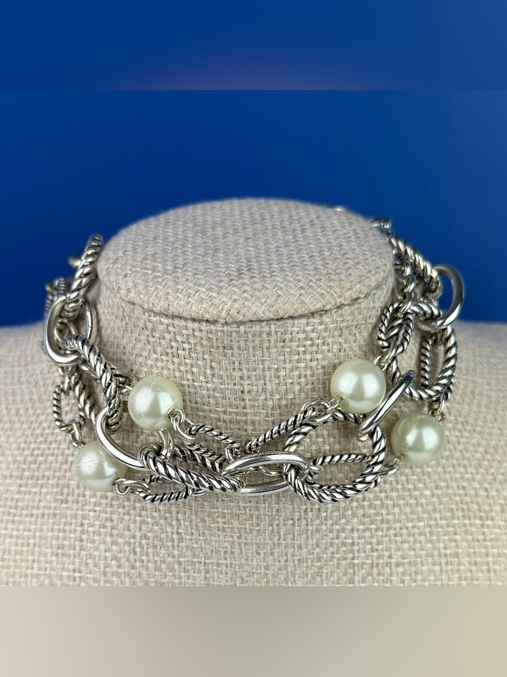 Premier Designs Silver Tone Chunky Cable Chain Fauain Faux Pearl Toggle Bracelet